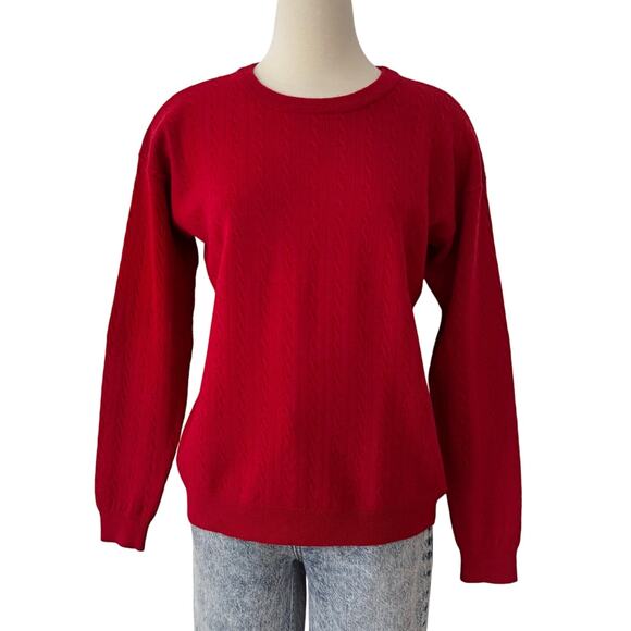 J. McLaughlin Crew Neck Cable Knit Merino Wool Pullover Sweater Red L Vintage - Picture 1 of 12